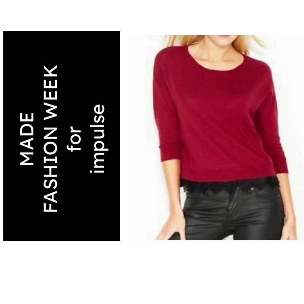 🦋 MADE for IMPULSE FASHION WEEK Macy’s Wine Lace-Trim 3/4 Sleeve Knit Top NWT S